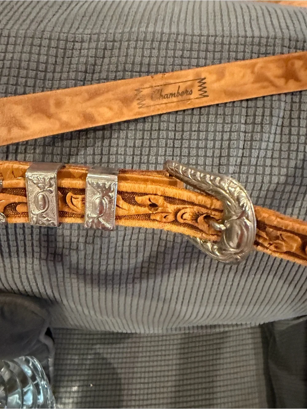 Chambers Brown/Tan Hand Tooled Leather Western Belt Silver Buckle Size 36 NWOTS!